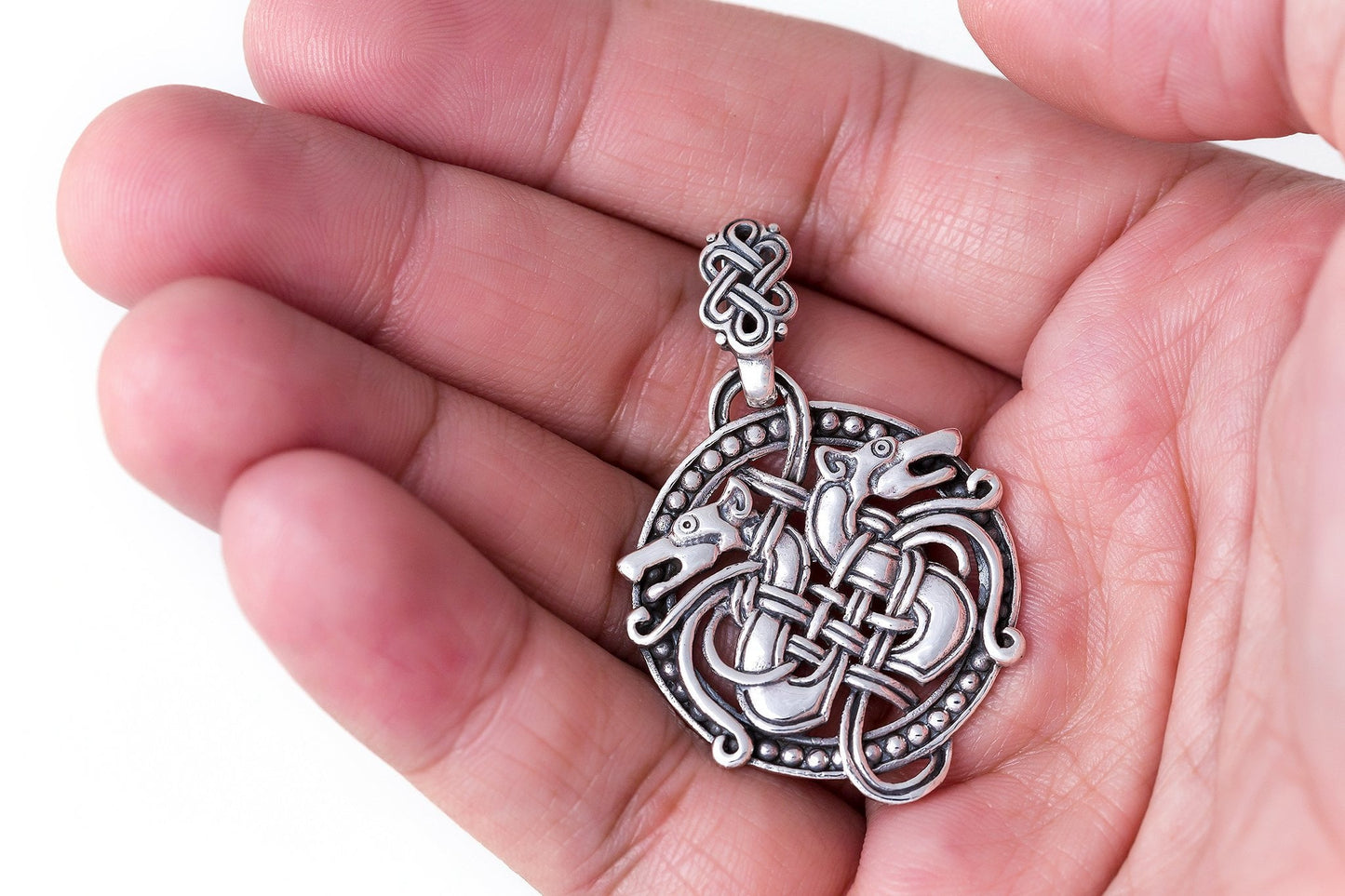 925 Sterling Silver Viking Hound Wolf Fenrir Norse Knotwork Amulet Pendant - SilverMania925