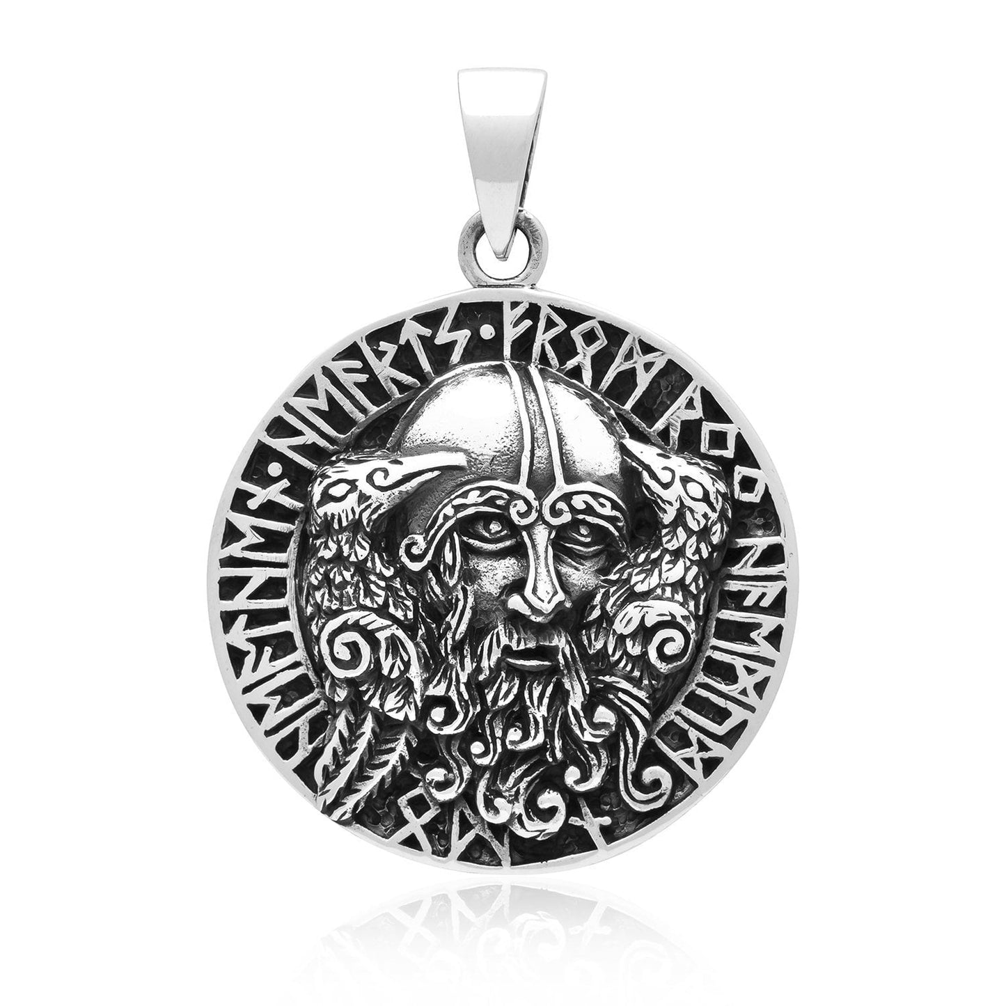 925 Sterling Silver Viking Odin Huginn and Muninn Raven Runes Amulet - SilverMania925