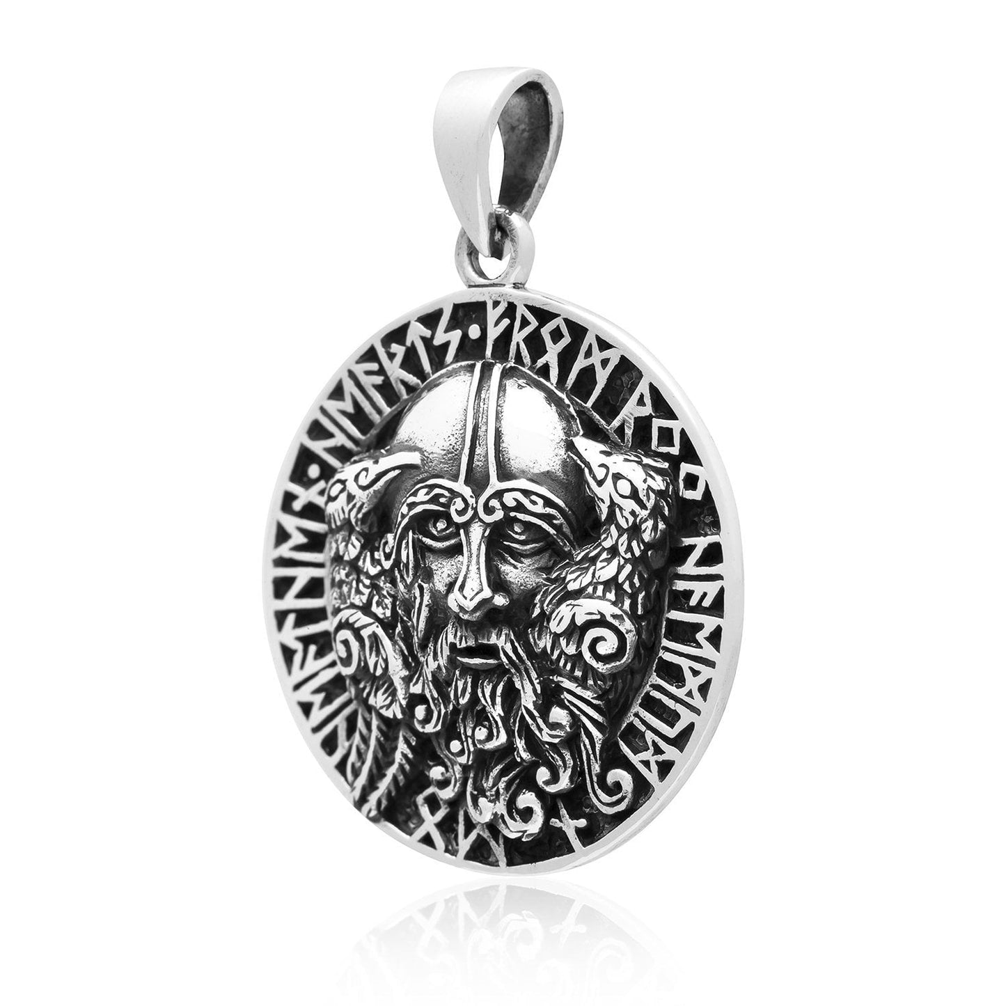 925 Sterling Silver Viking Odin Huginn and Muninn Raven Runes Amulet - SilverMania925