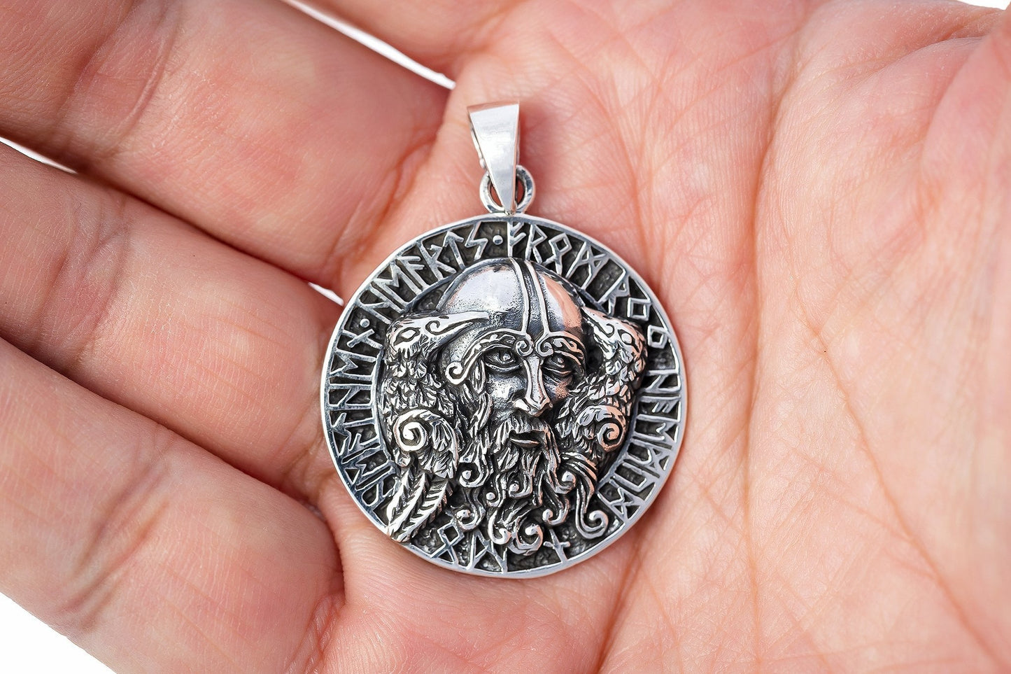 925 Sterling Silver Viking Odin Huginn and Muninn Raven Runes Amulet - SilverMania925