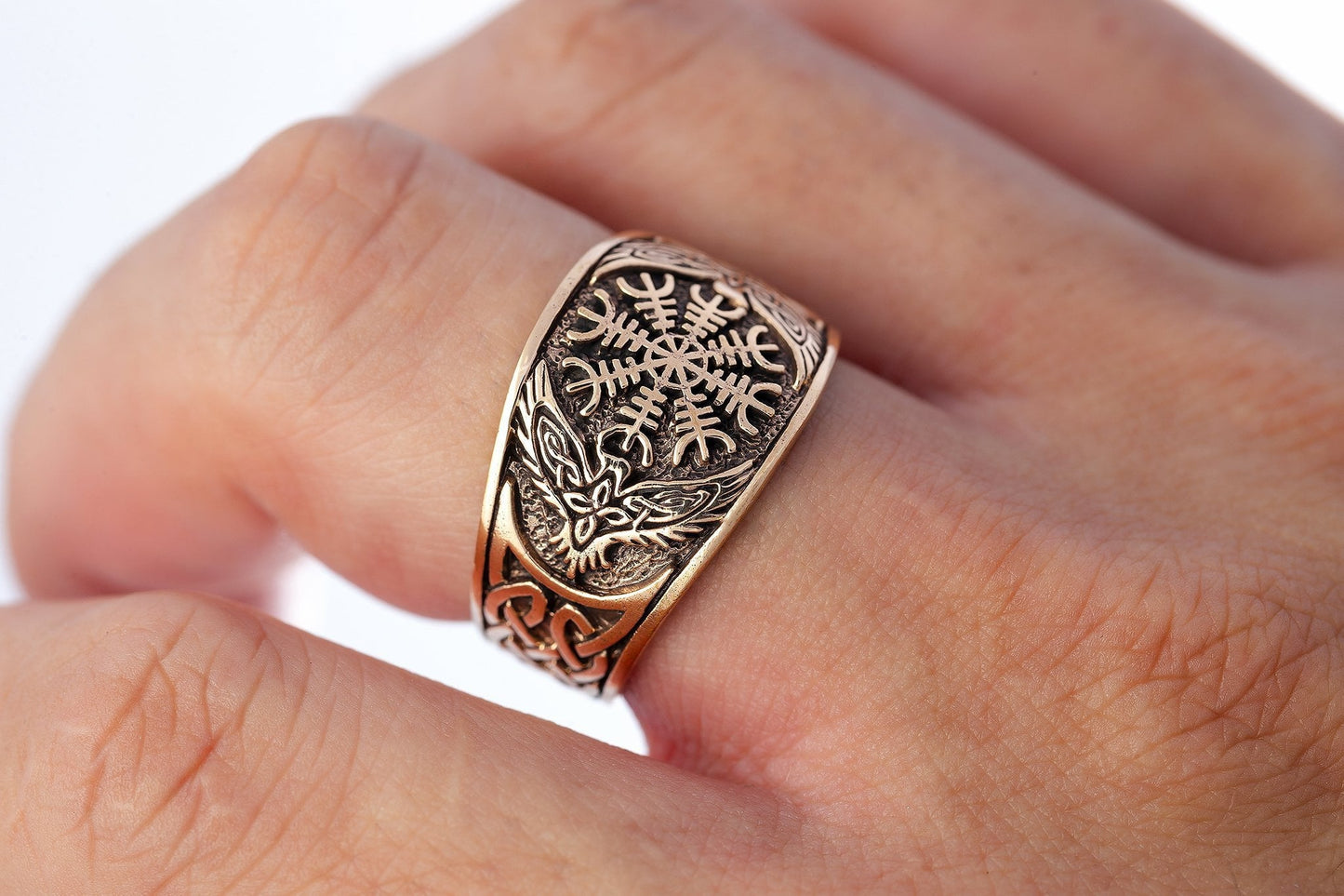 Helm of Awe Viking Raven Bronze Ring - SilverMania925