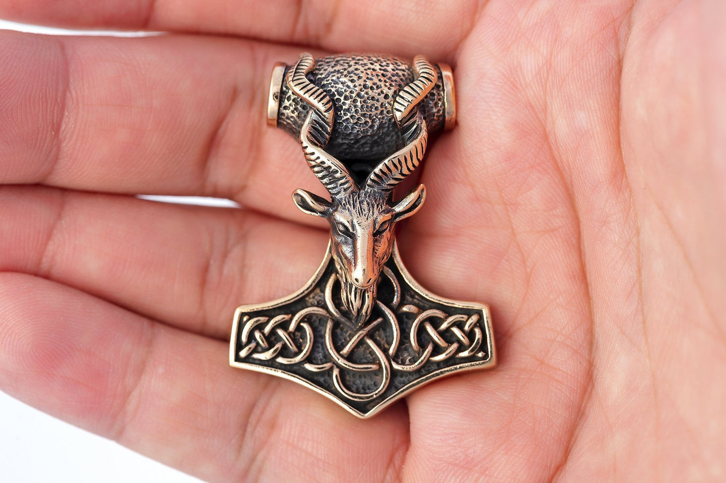 Thor Hammer Mjolnir Viking Goat Bronze Handcrafted Pendant - SilverMania925