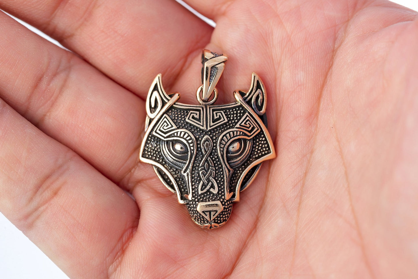 Viking Wolf Head Fenrir Bronze Handcrafted Pendant - SilverMania925