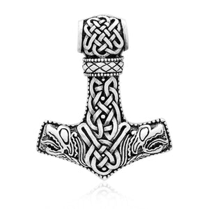 925 Sterling Silver Viking Knotwork Mjolnir Pendant with Jormungand Motifs