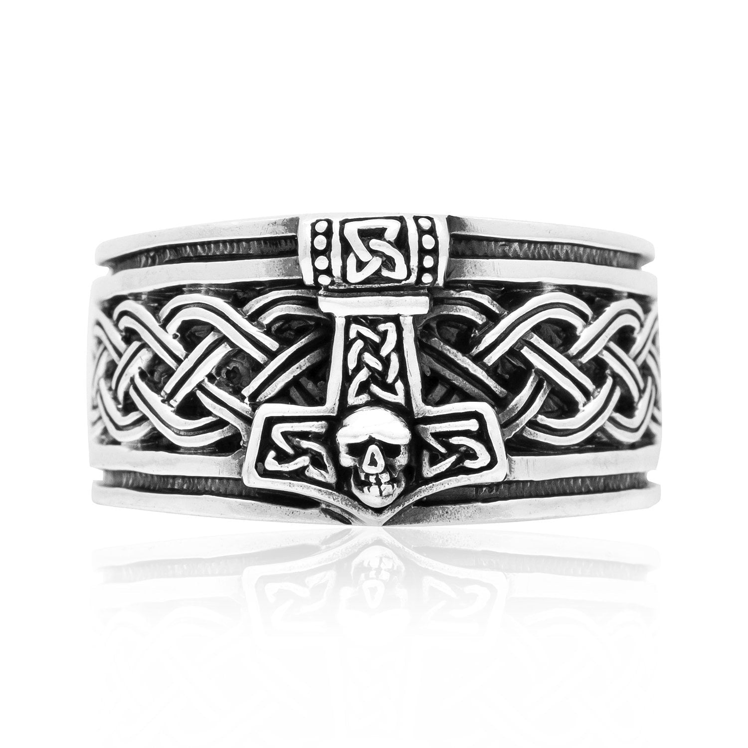 925 Sterling Silver Thor Hammer Band Ring with Celtic Motifs - SilverMania925