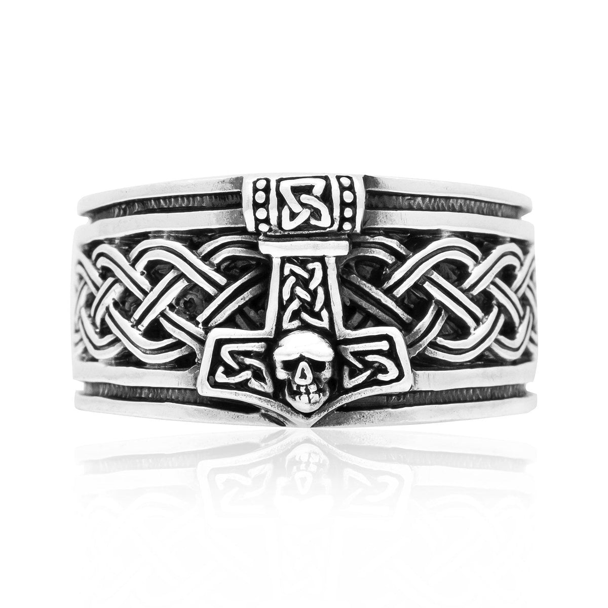 925 Sterling Silver Thor Hammer Band Ring with Celtic Motifs - SilverMania925