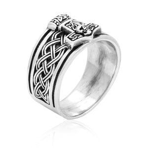 925 Sterling Silver Thor Hammer Band Ring with Celtic Motifs