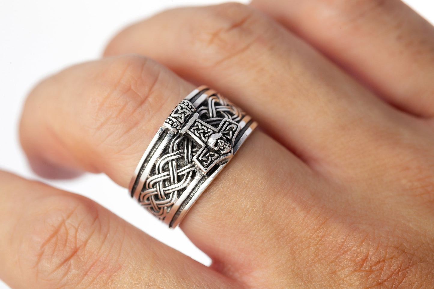 925 Sterling Silver Thor Hammer Band Ring with Celtic Motifs - SilverMania925