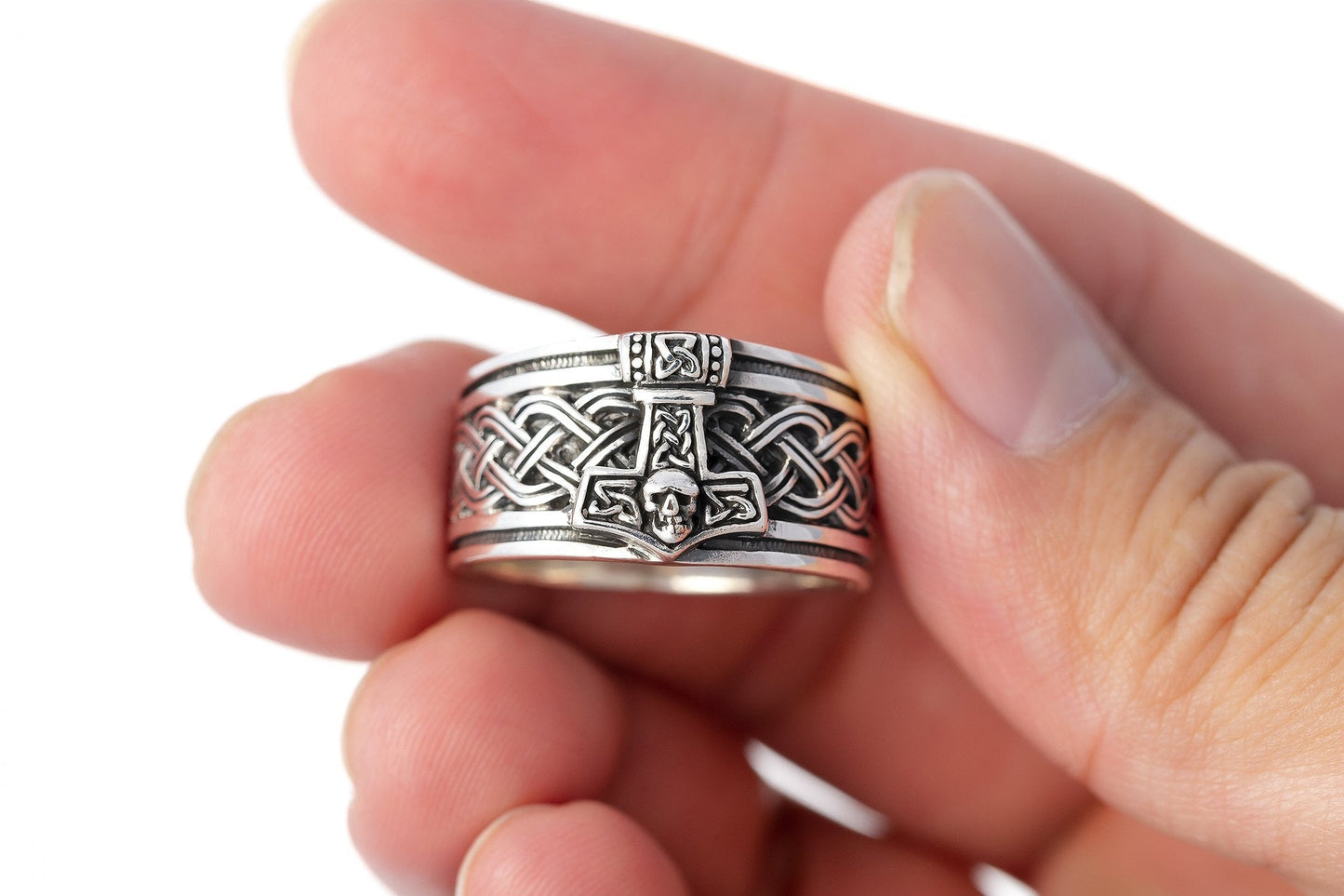 925 Sterling Silver Thor Hammer Band Ring with Celtic Motifs - SilverMania925