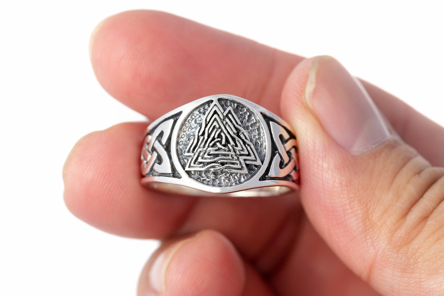 925 Sterling Silver Viking Knotwork Valknut Solid Band Ring - SilverMania925