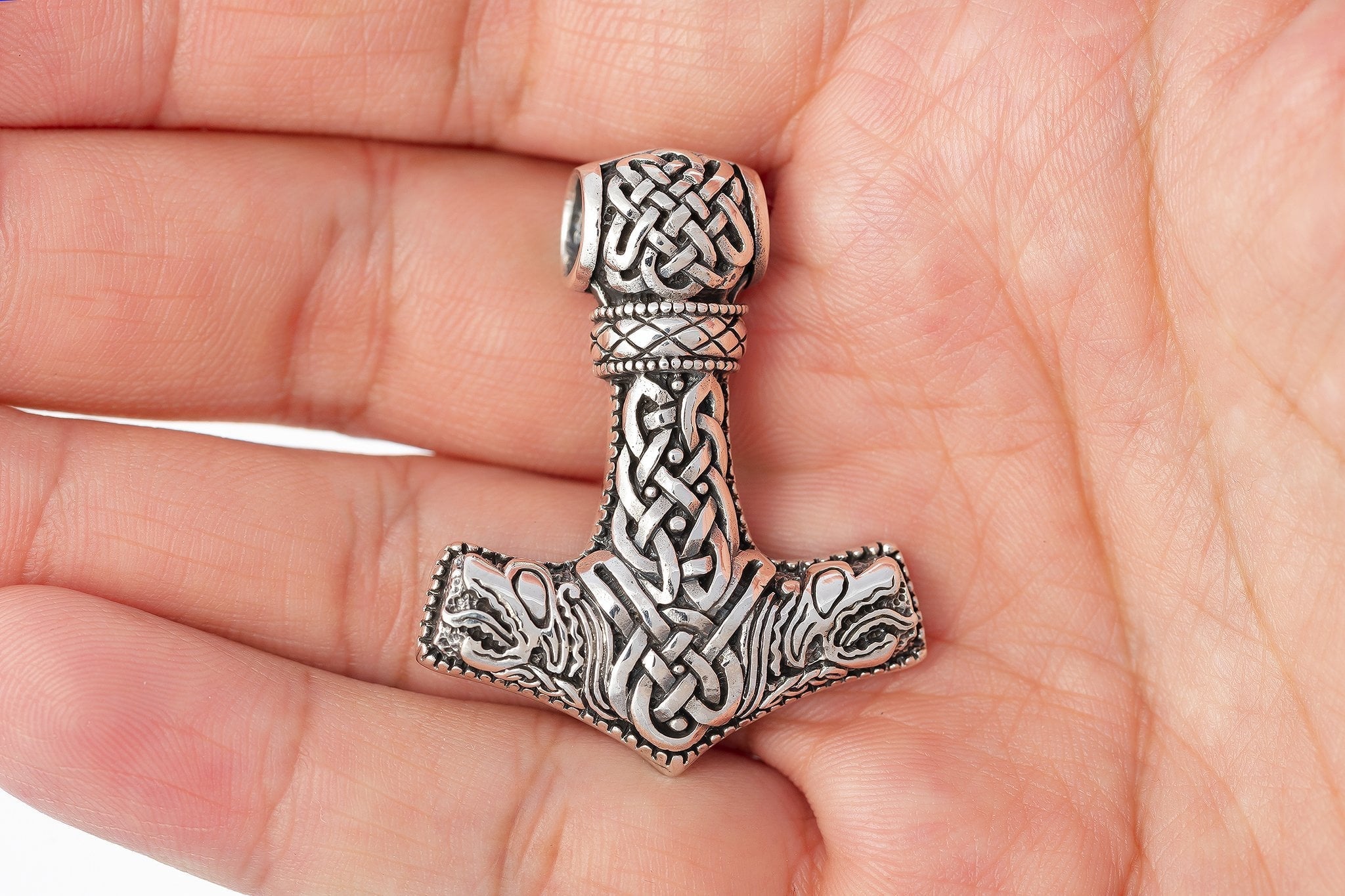 Sterling Silver Mjolnir Pendant with Jormungand Heads - SilverMania925