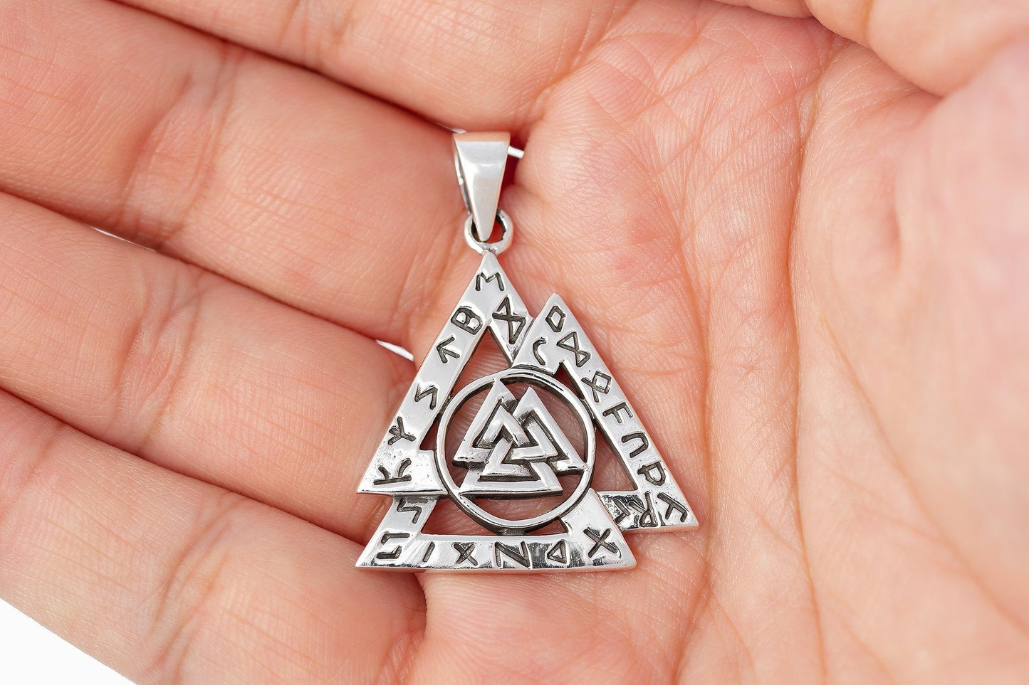 925 Sterling Silver Viking Valknut with Norse Runes Pendant - SilverMania925