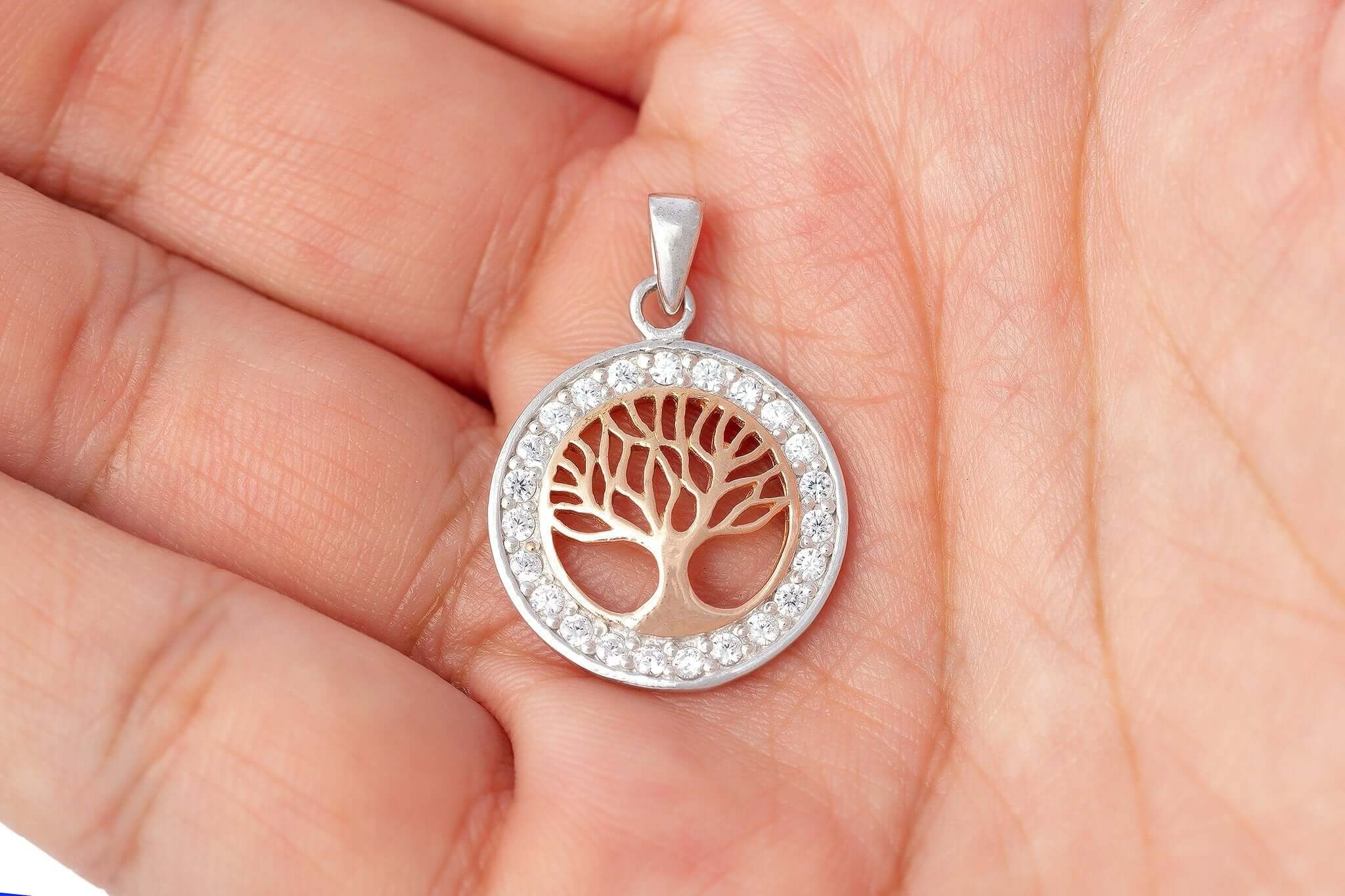 925 Sterling Silver Charm with Rose Gold Viking Yggdrasil and Cubic Zirconia - SilverMania925