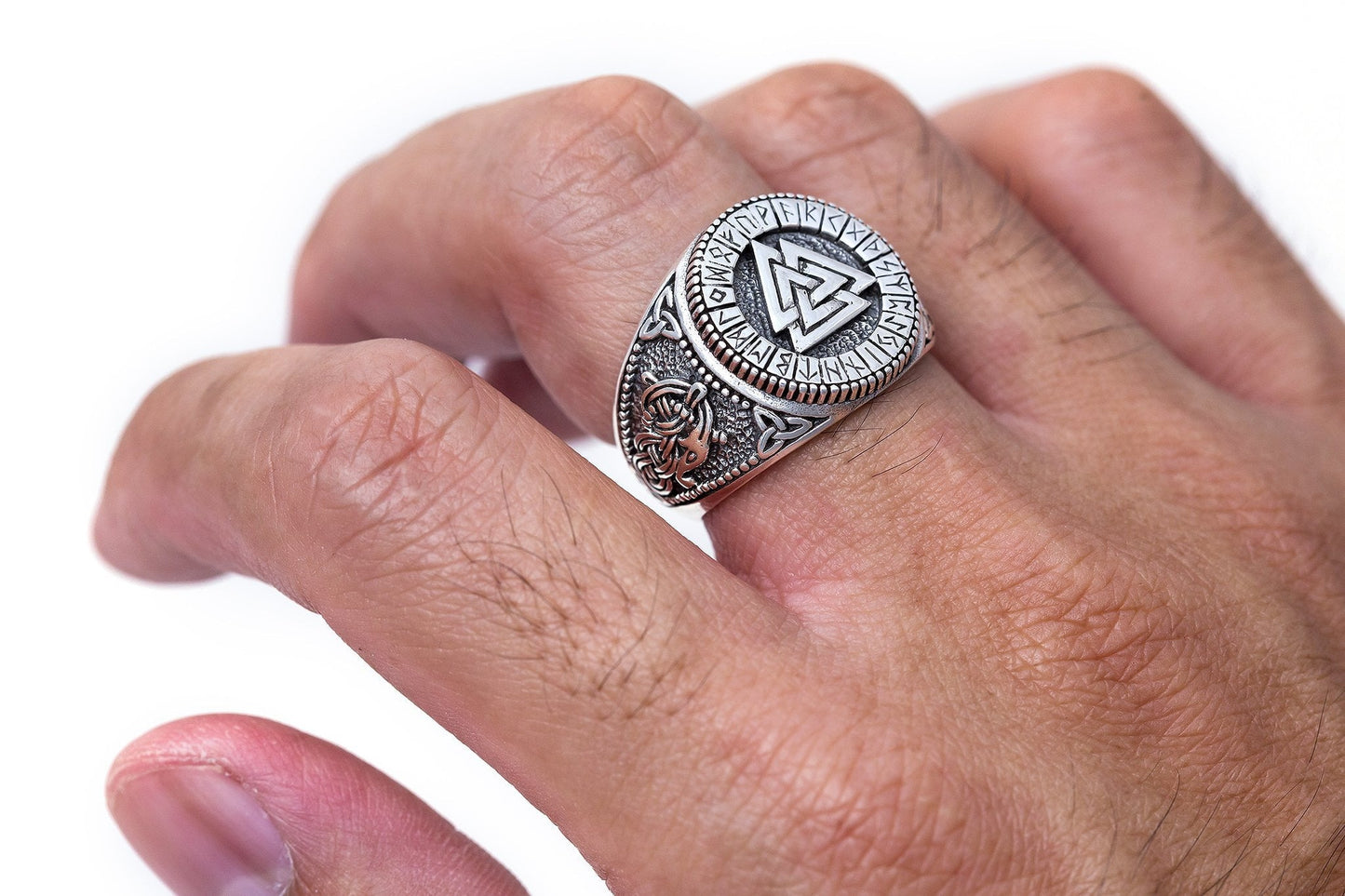 925 Sterling Silver Viking Valknut Runes Jormungand Handcrafted Ring - SilverMania925