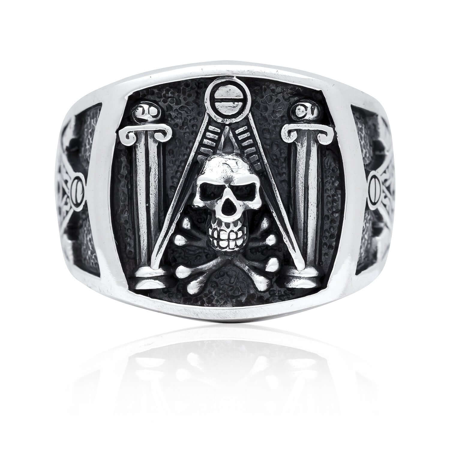 925 Sterling Silver Freemason Freimaurer Masonic Skull & Pillars Freemasonry Ring