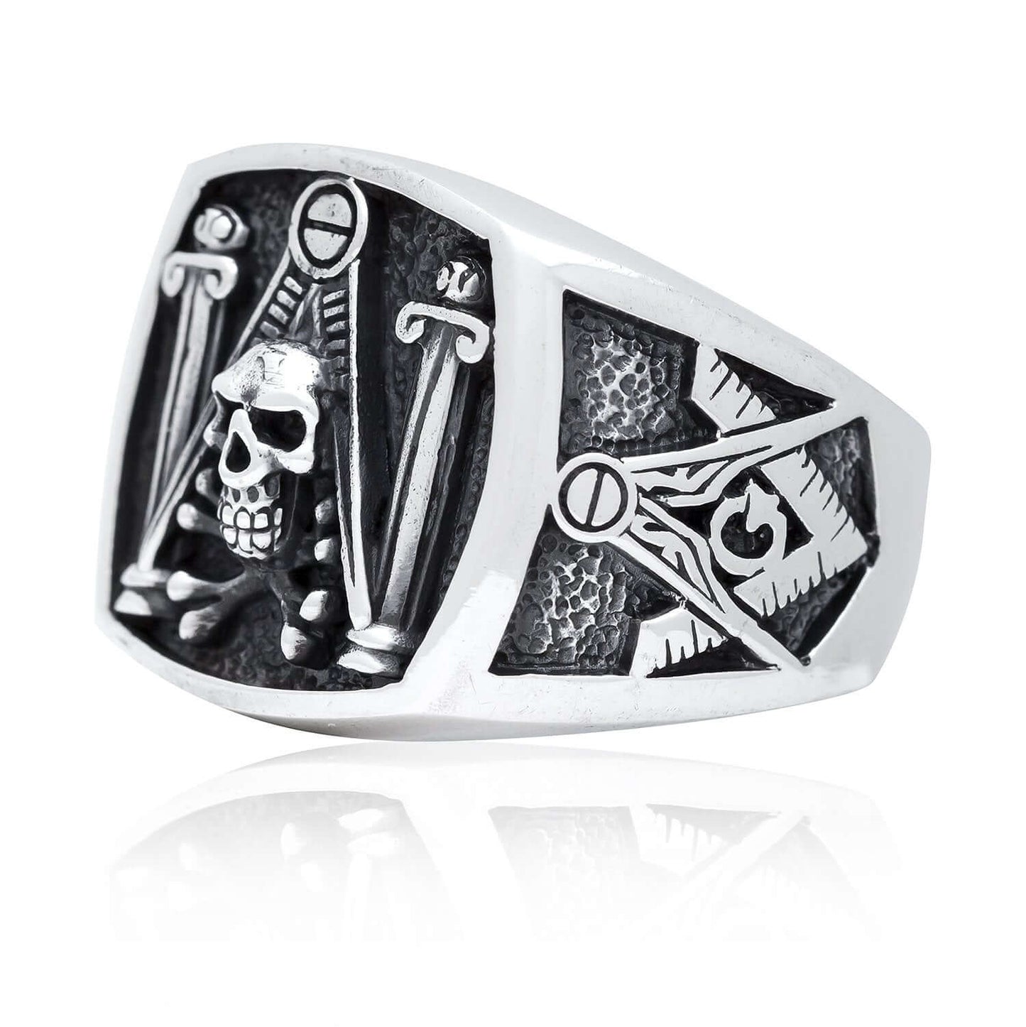 925 Sterling Silver Freemason Freimaurer Masonic Skull & Pillars Freemasonry Ring - SilverMania925