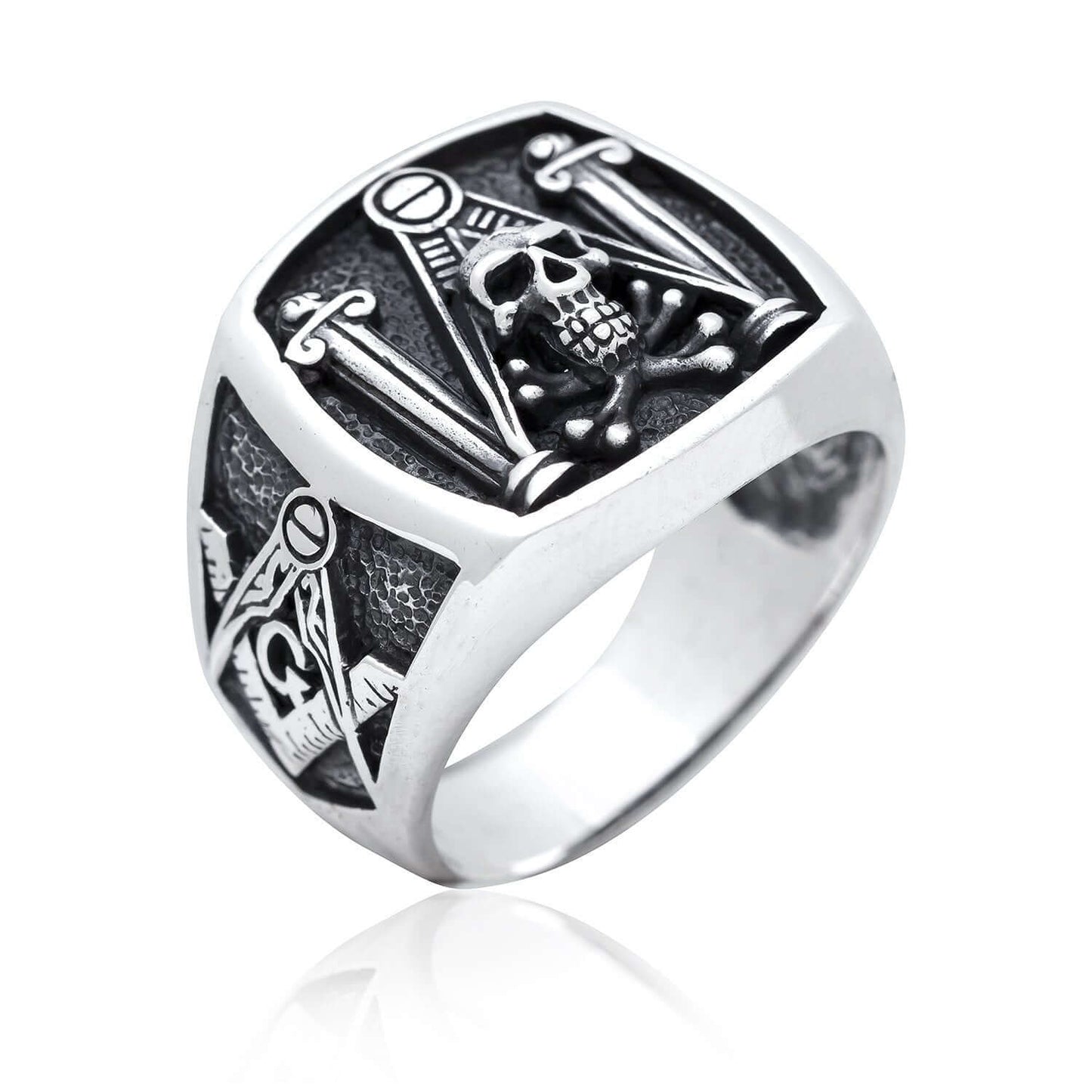 925 Sterling Silver Freemason Freimaurer Masonic Skull & Pillars Freemasonry Ring - SilverMania925