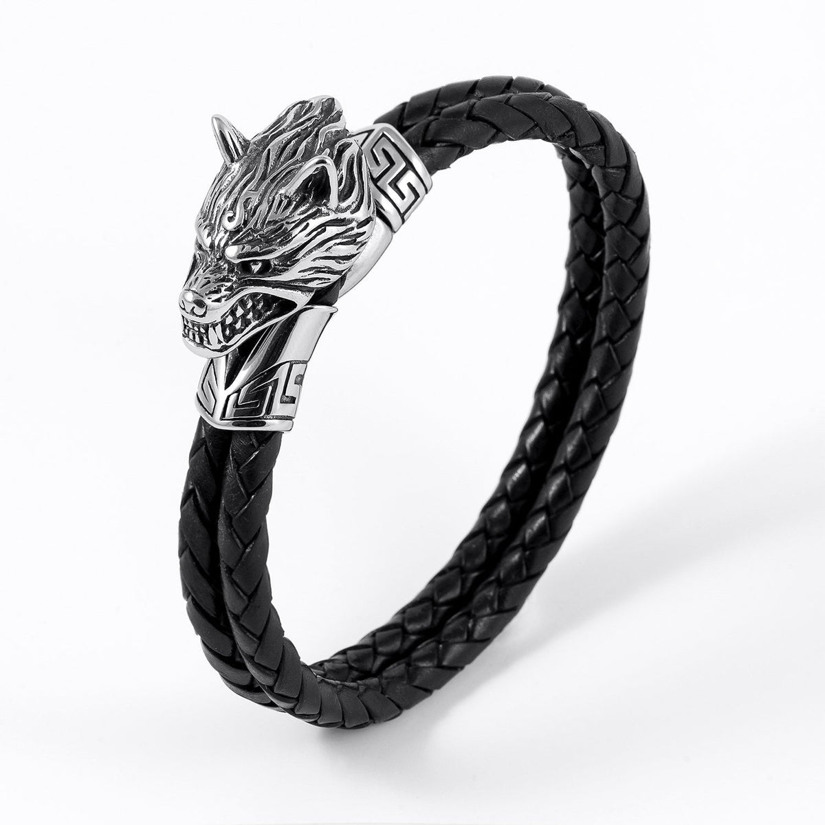 Stainless Steel Viking Wolf Head with Braided Leather Bracelet - SilverMania925
