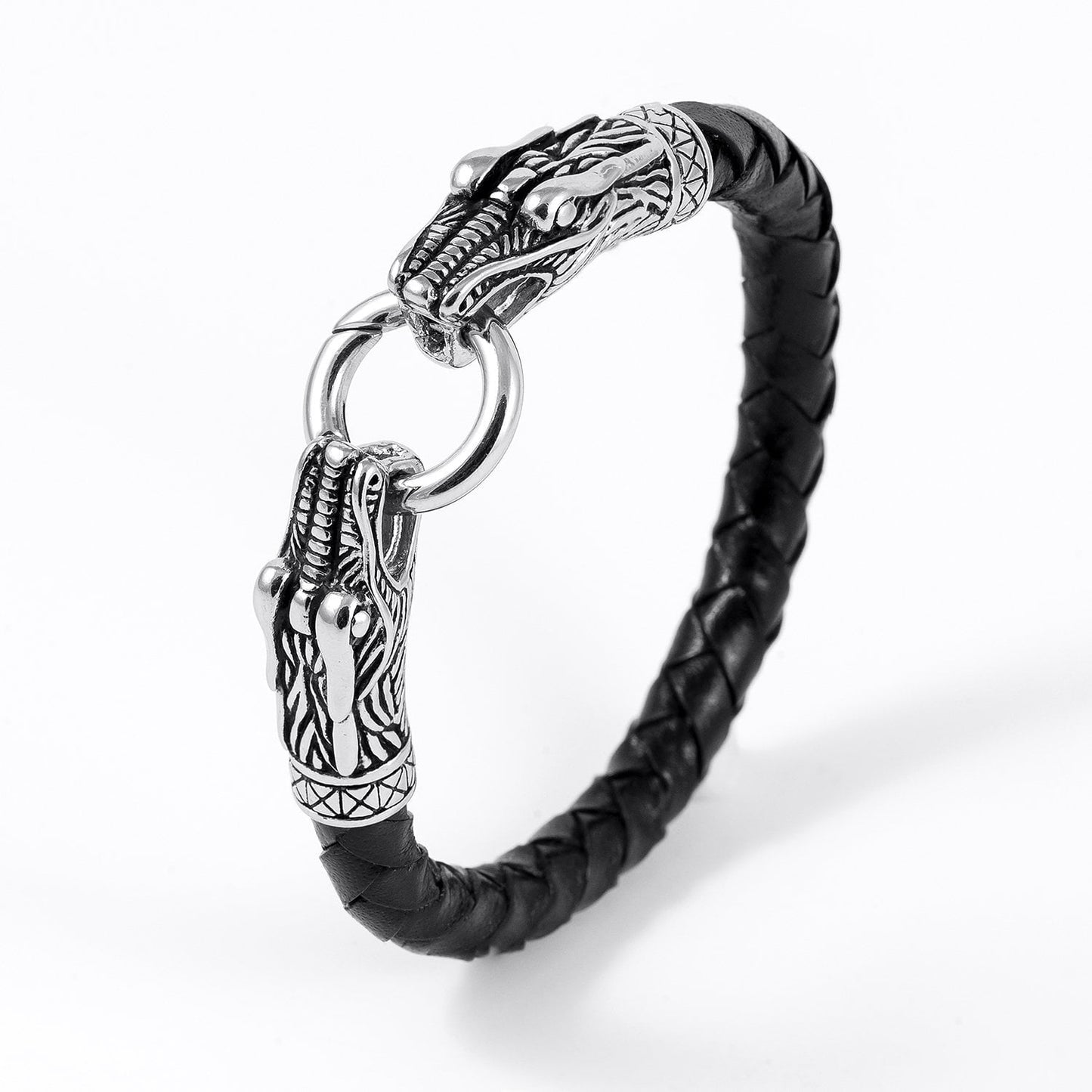 Stainless Steel Viking Jormungand with Braided Leather Bracelet - SilverMania925
