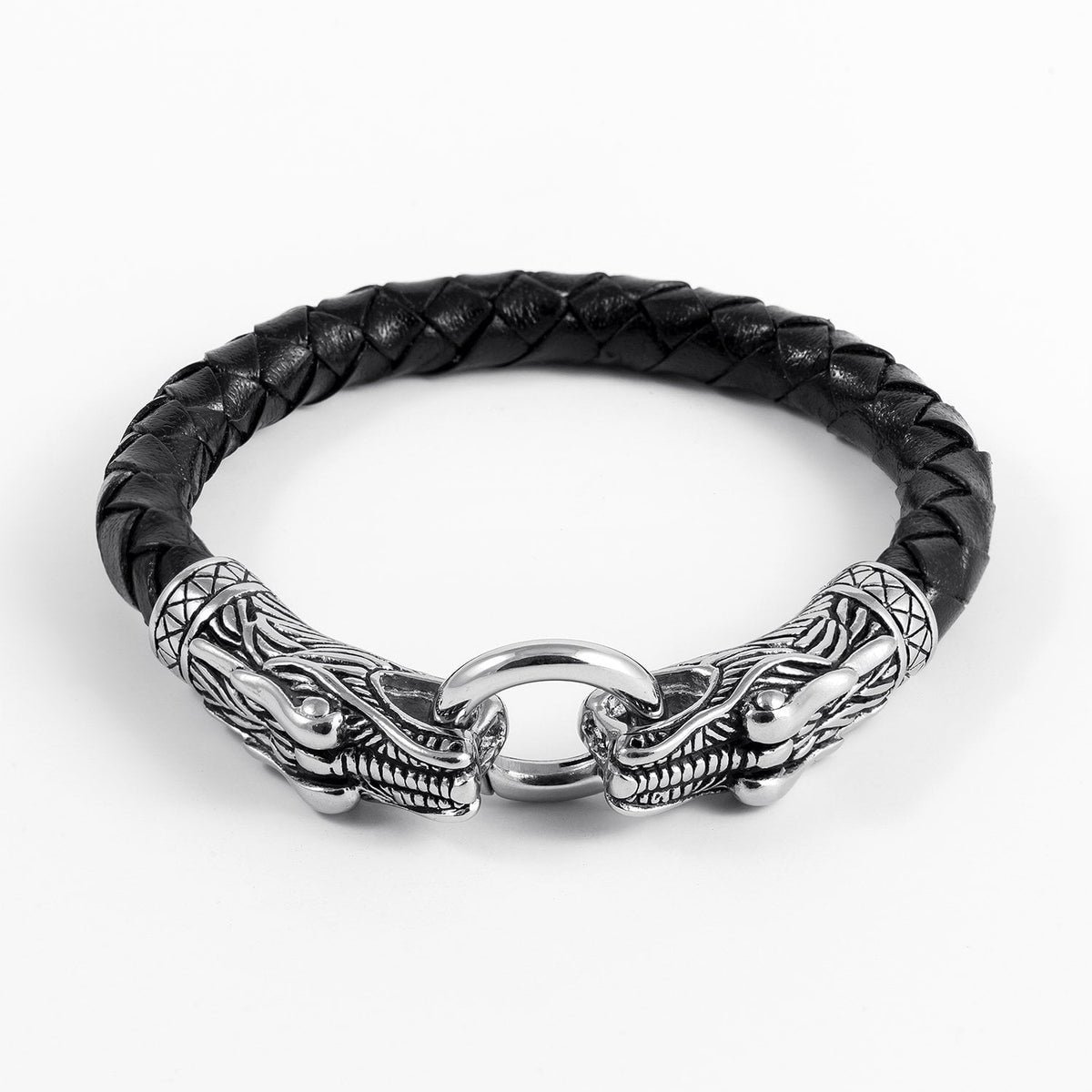Stainless Steel Viking Jormungand with Braided Leather Bracelet - SilverMania925