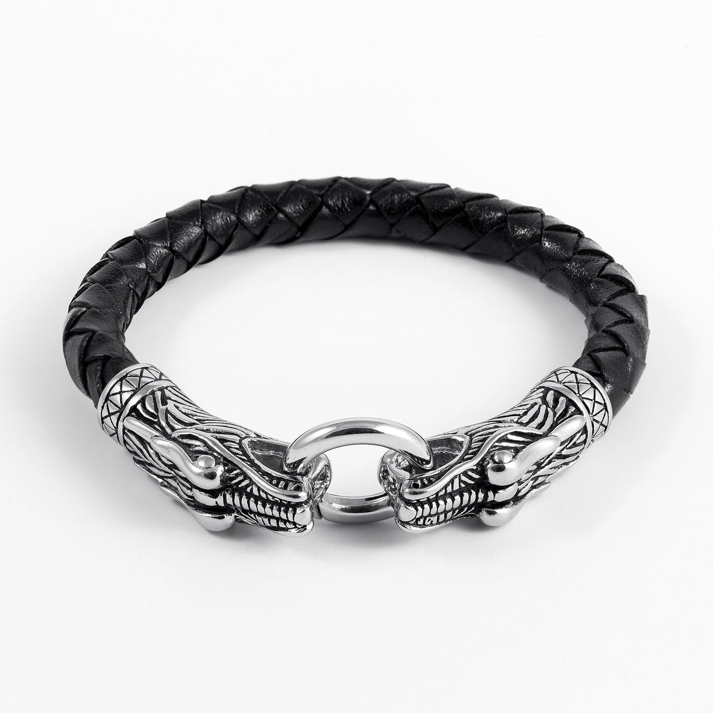Stainless Steel Viking Jormungand with Braided Leather Bracelet - SilverMania925