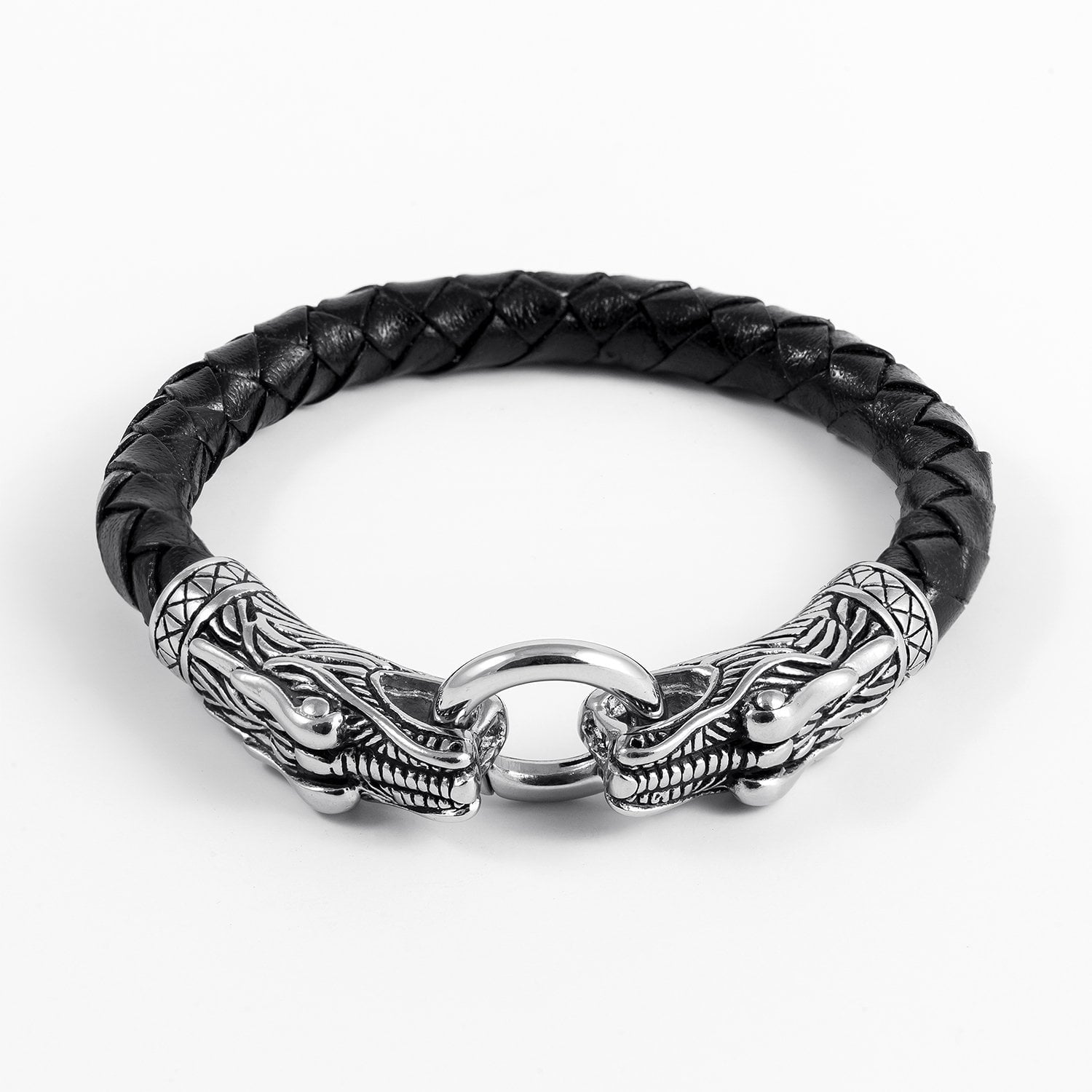 Stainless Steel Viking Jormungand with Braided Leather Bracelet