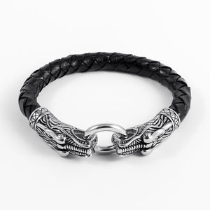 Stainless Steel Viking Jormungand with Braided Leather Bracelet