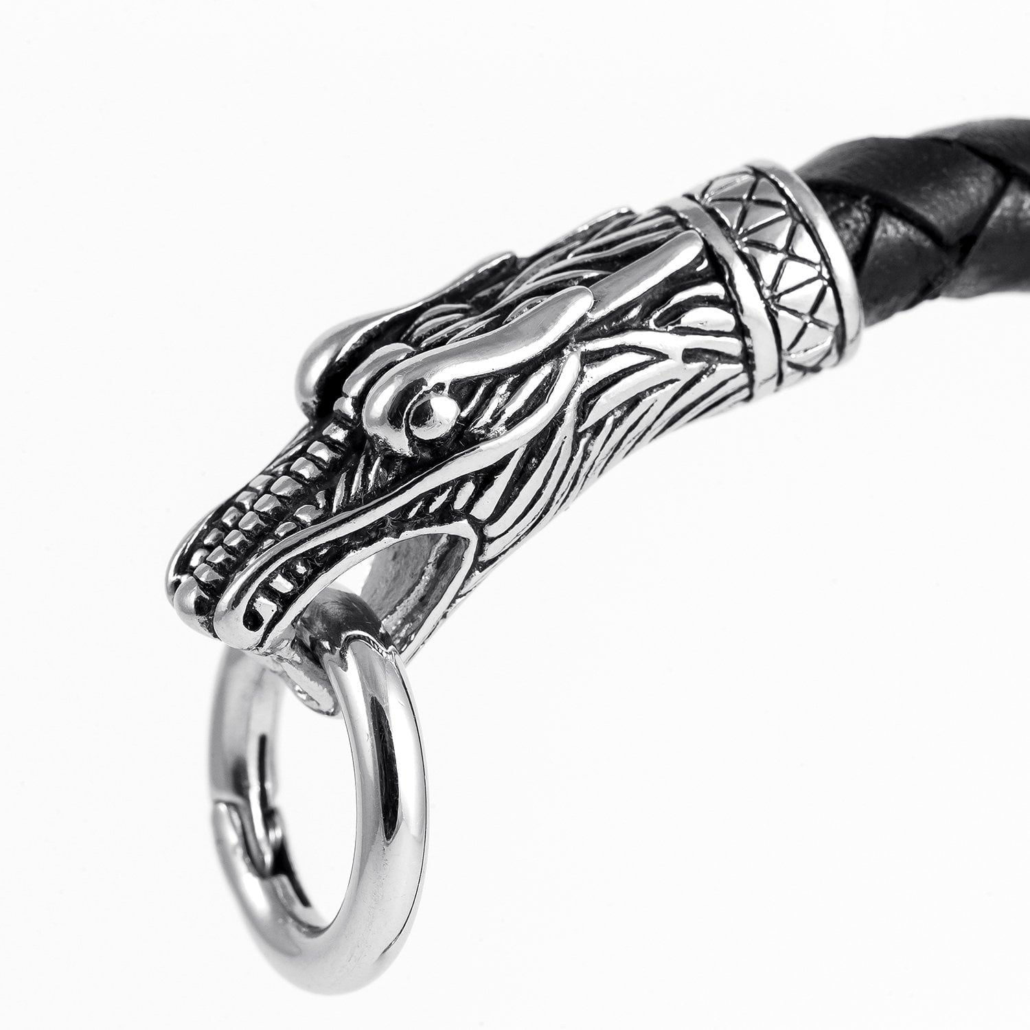 Stainless Steel Viking Jormungand with Braided Leather Bracelet - SilverMania925