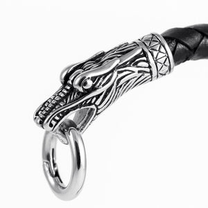 Stainless Steel Viking Jormungand with Braided Leather Bracelet