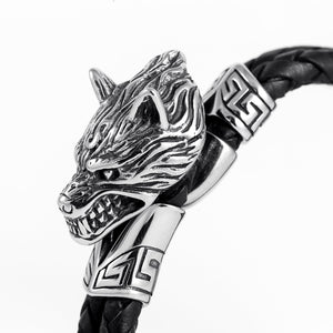 Stainless Steel Viking Wolf Head with Braided Leather Bracelet