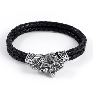Stainless Steel Viking Wolf Head with Braided Leather Bracelet