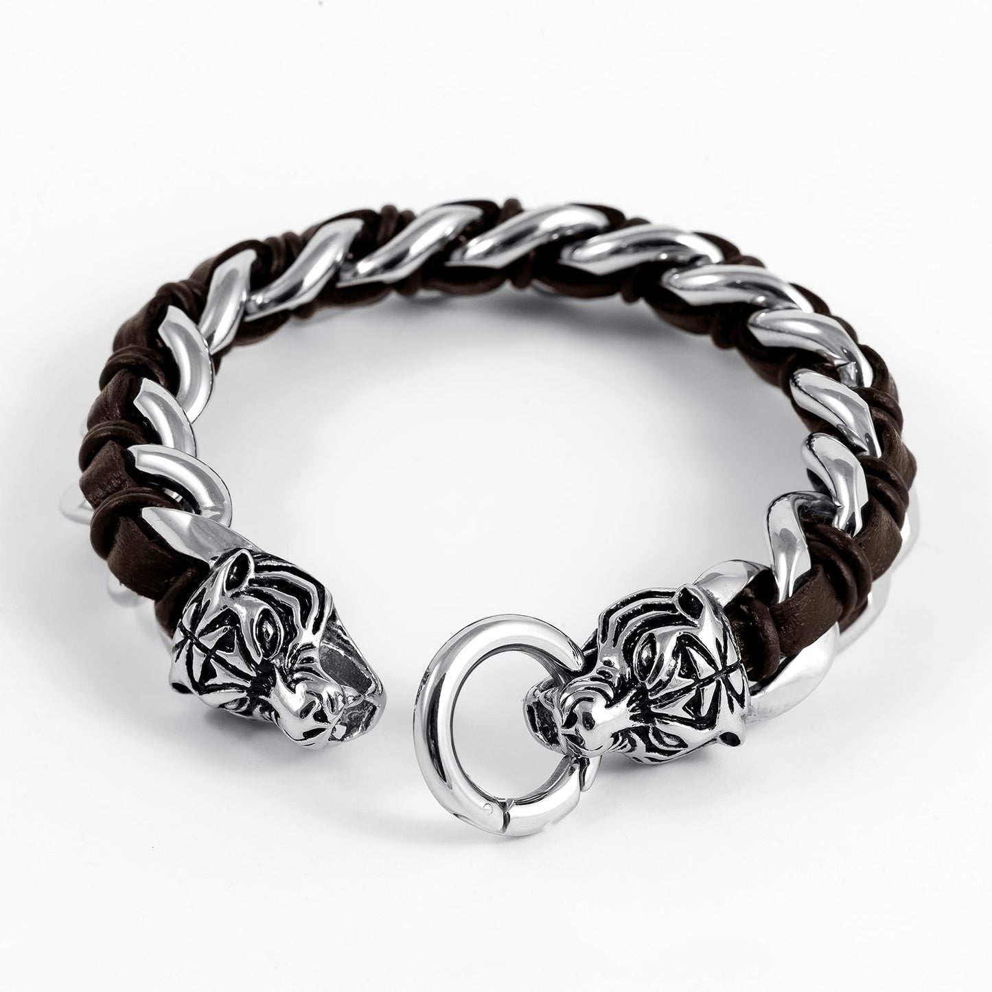 Heavy Stainless Steel Viking Tiger Head with Leather Bracelet - SilverMania925