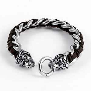 Heavy Stainless Steel Viking Tiger Head with Leather Bracelet