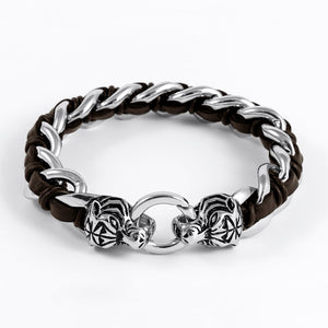 Heavy Stainless Steel Viking Tiger Head with Leather Bracelet