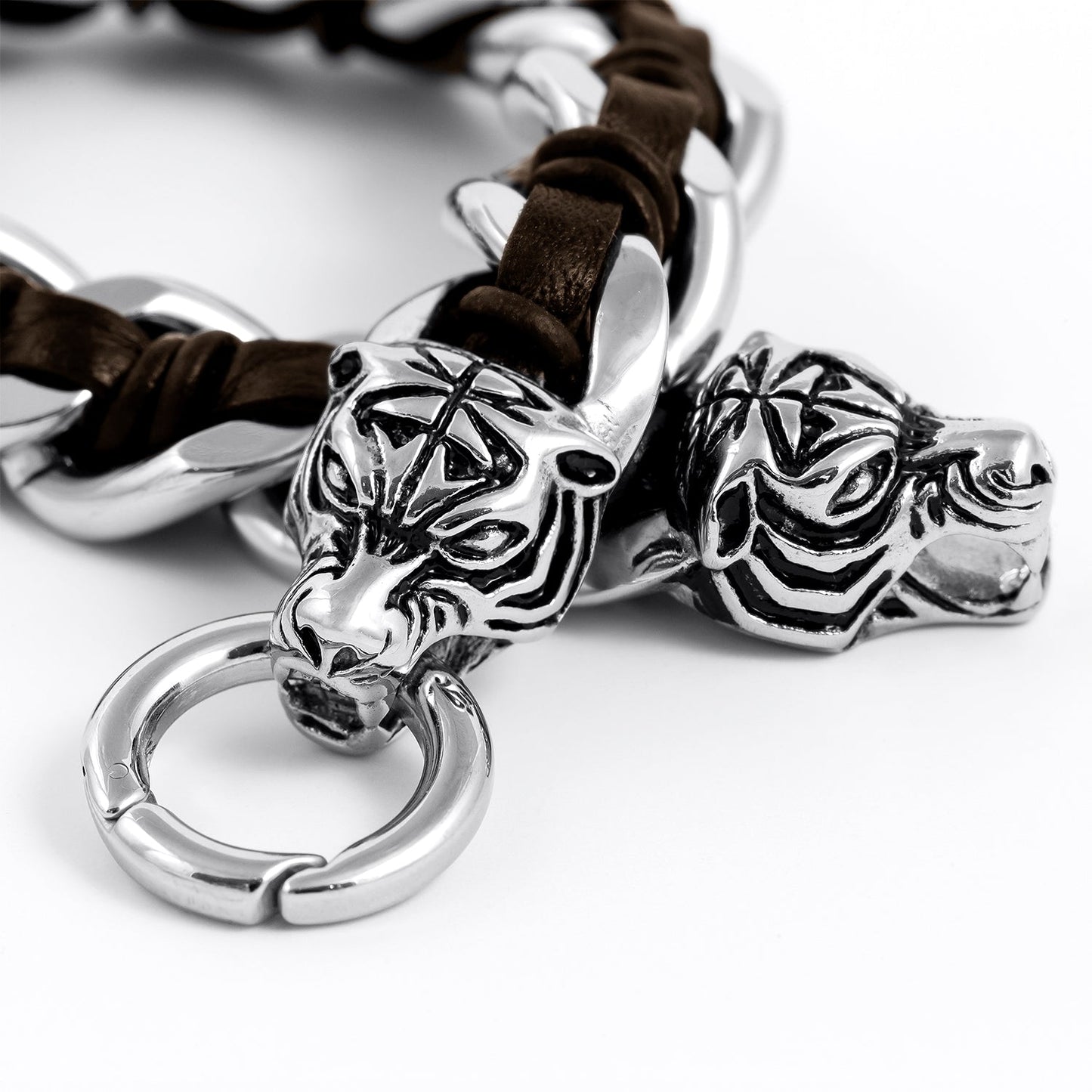 Heavy Stainless Steel Viking Tiger Head with Leather Bracelet - SilverMania925