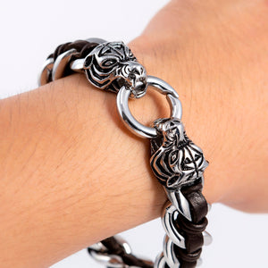 Heavy Stainless Steel Viking Tiger Head with Leather Bracelet