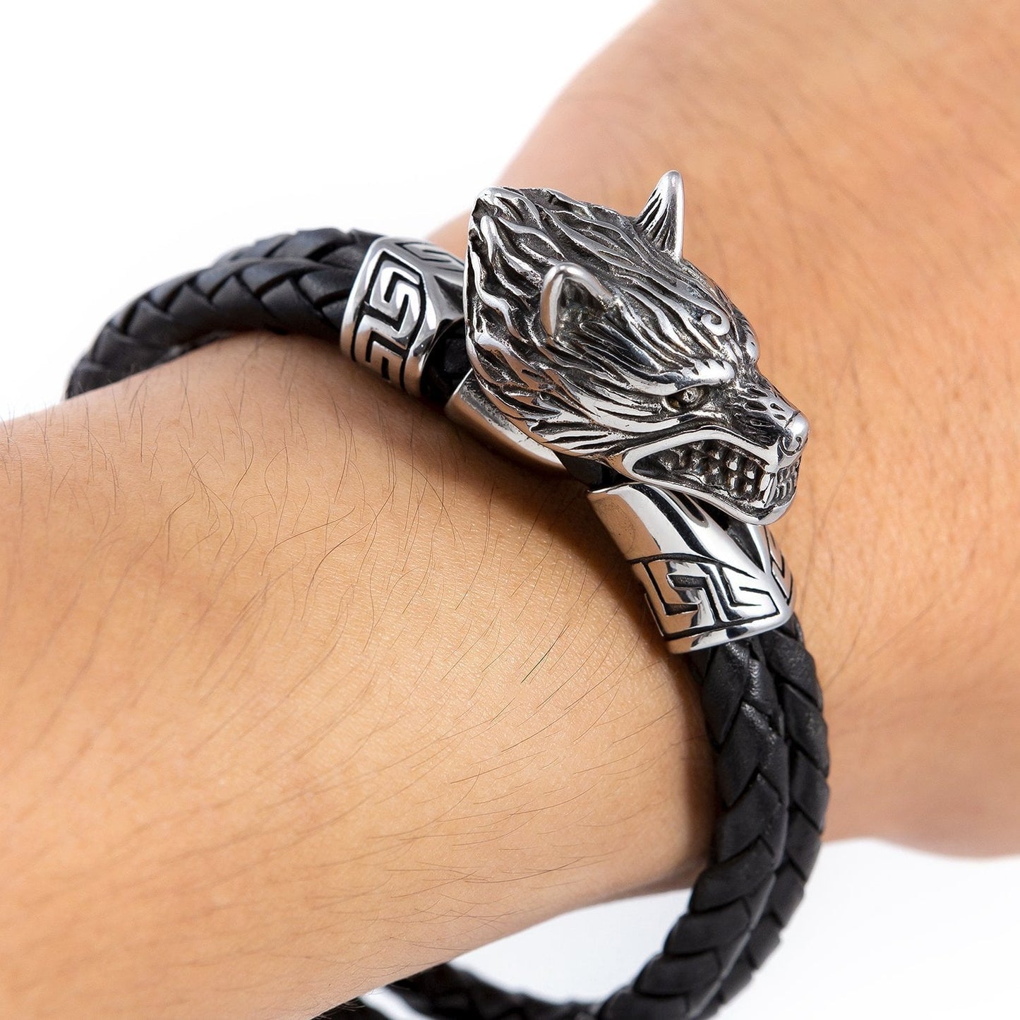 Stainless Steel Viking Wolf Head with Braided Leather Bracelet - SilverMania925