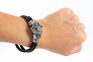 Stainless Steel Viking Wolf Head with Braided Leather Bracelet