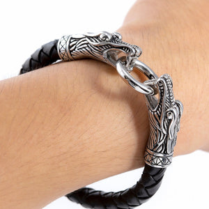 Stainless Steel Viking Jormungand with Braided Leather Bracelet
