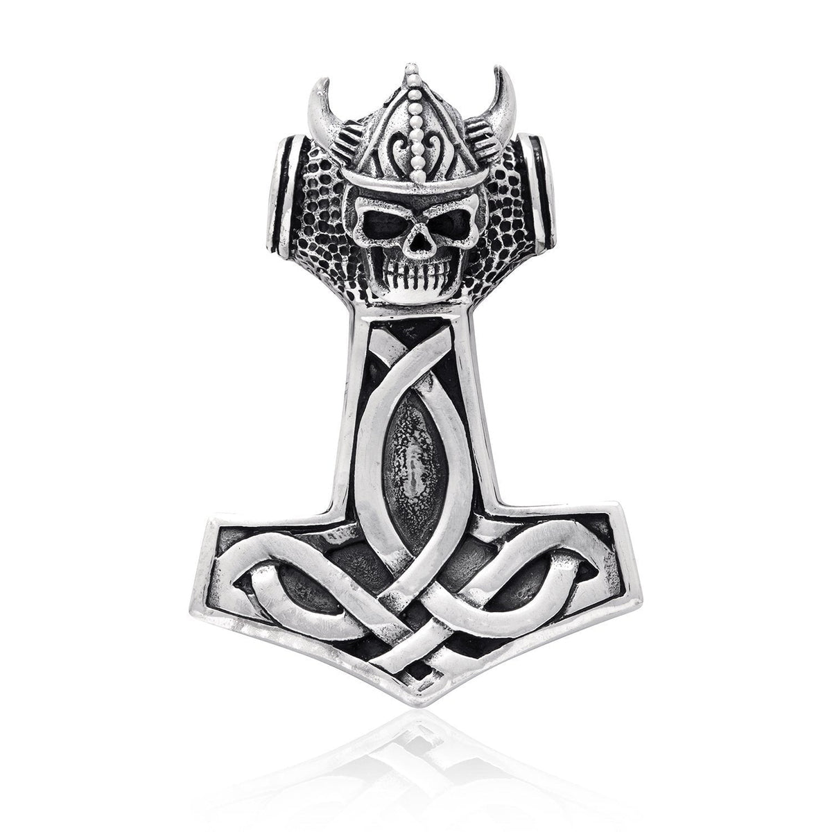 925 Sterling Silver Viking Thor Hammer Skull Helmet Amulet Pendant - SilverMania925