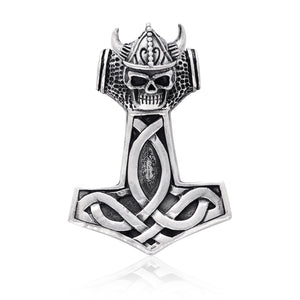 925 Sterling Silver Viking Thor Hammer Skull Helmet Amulet Pendant