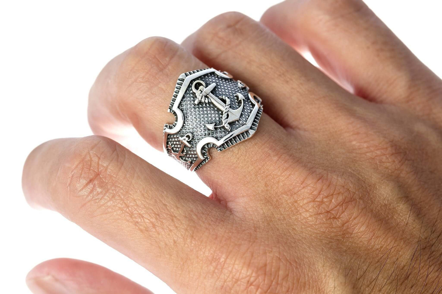 925 Sterling Silver Anchor Nautical Rope Ship Signet Ring - SilverMania925