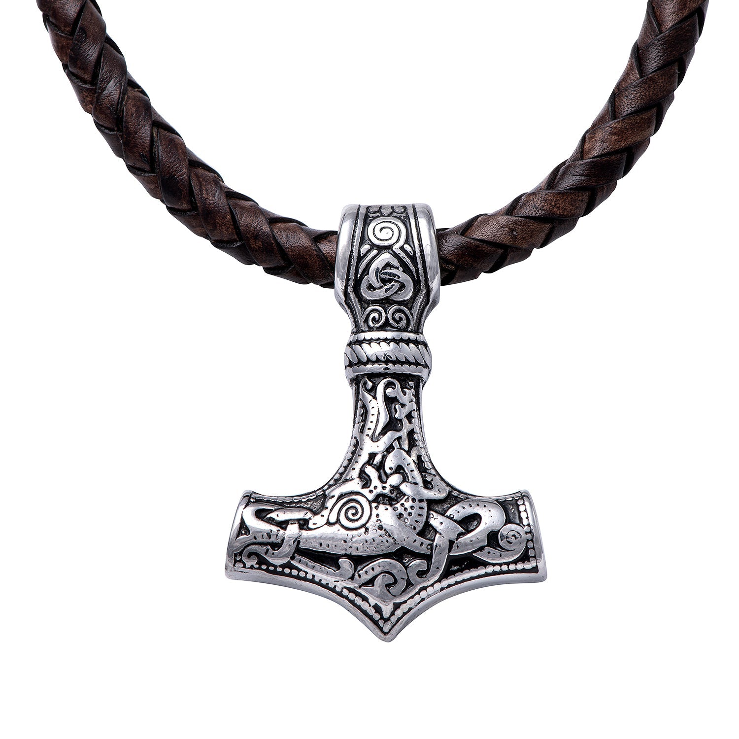 Stainless Steel Viking Mjolnir with Leather Necklace - SilverMania925