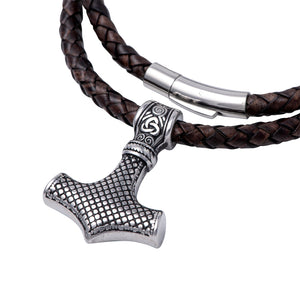 Stainless Steel Viking Mjolnir with Leather Necklace