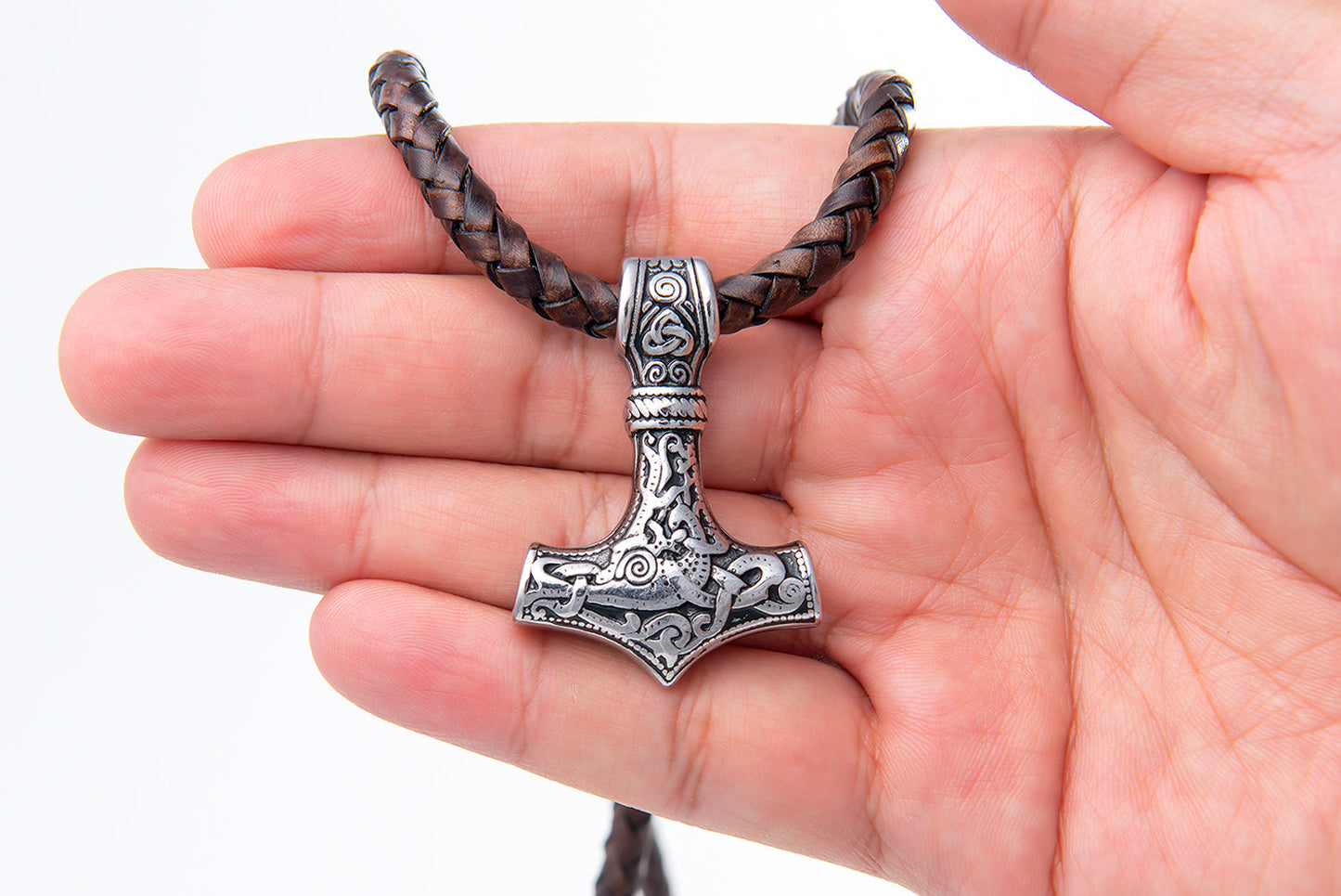 Stainless Steel Viking Mjolnir with Leather Necklace - SilverMania925