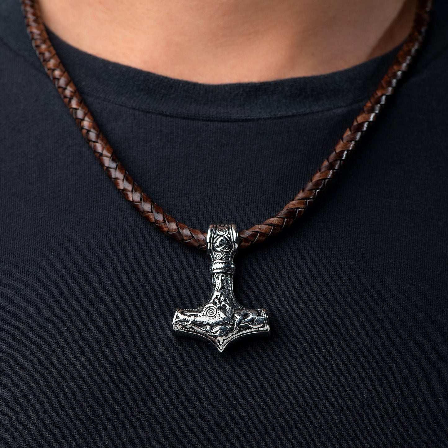 Stainless Steel Viking Mjolnir with Leather Necklace - SilverMania925