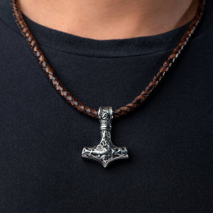 Stainless Steel Viking Mjolnir with Leather Necklace