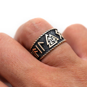 Viking Valknut with Runes Legendary Bronze Ring