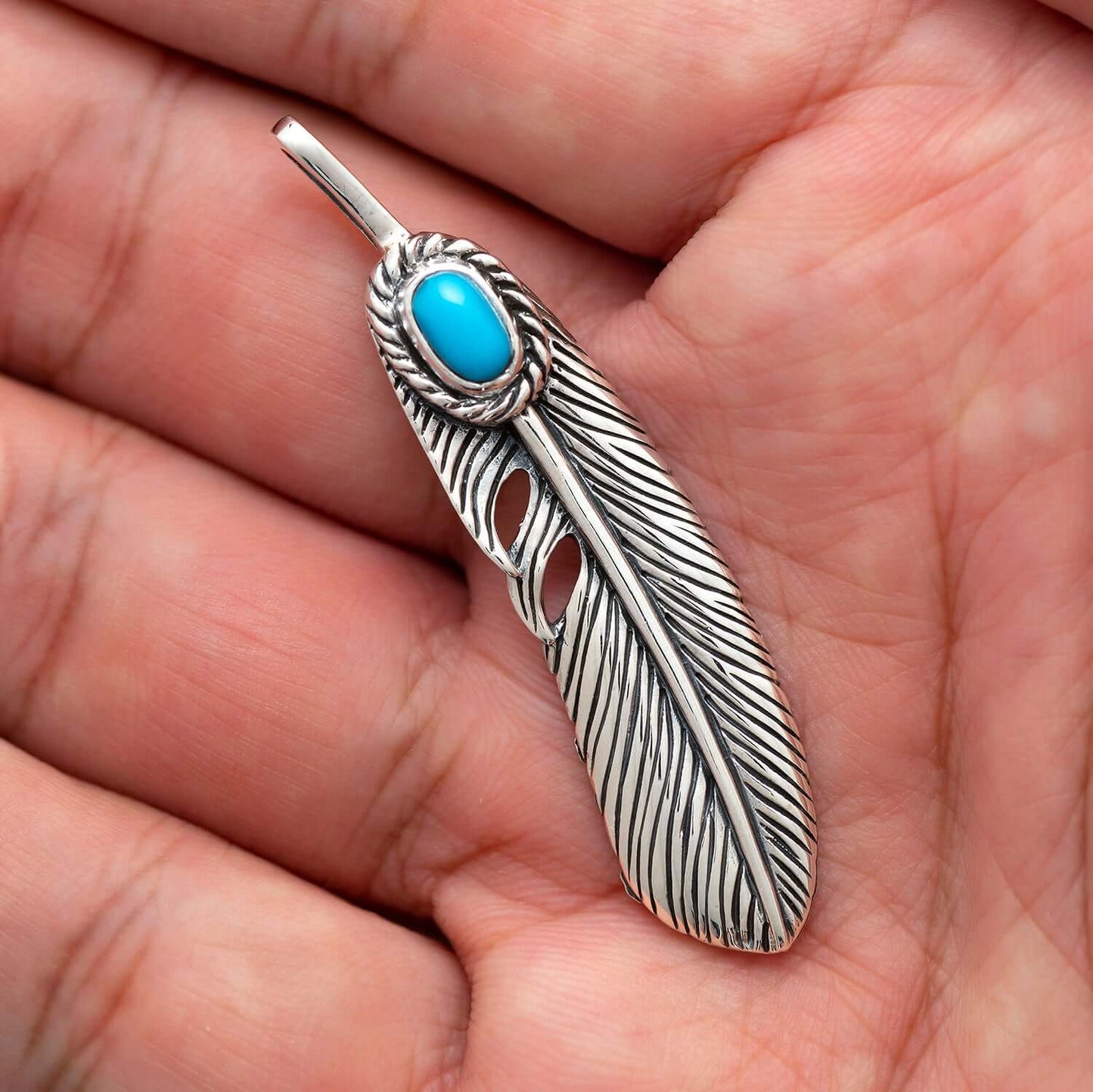 925 Sterling Silver Feather Pendant with Blue Turquoise - SilverMania925