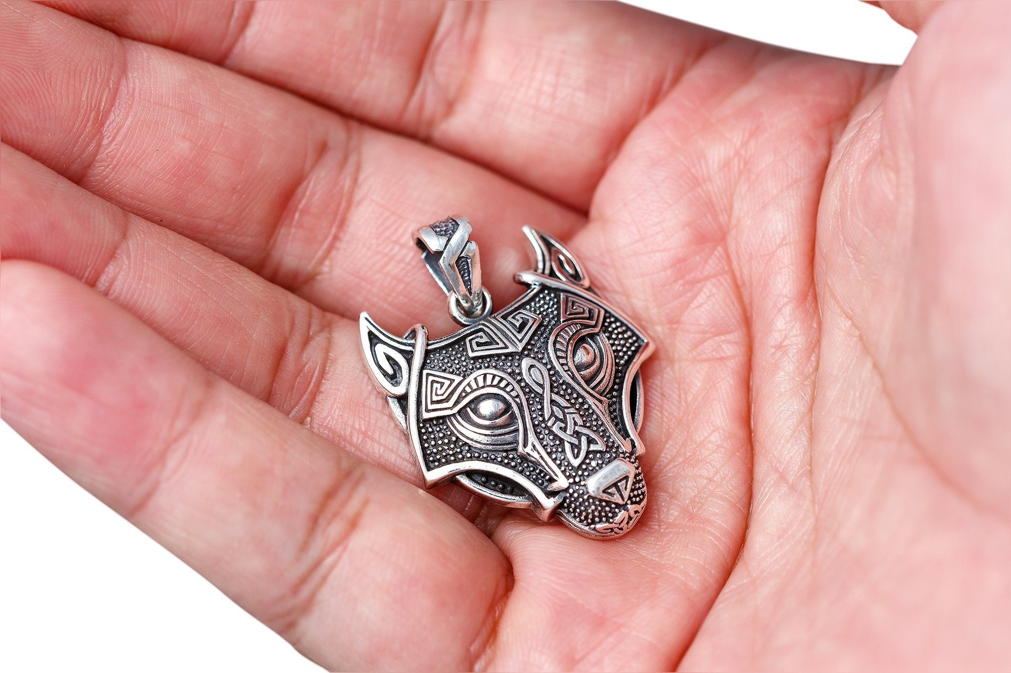 925 Sterling Silver Viking Wolf Fenrir Head Norse Knotwork Amulet Pendant - SilverMania925
